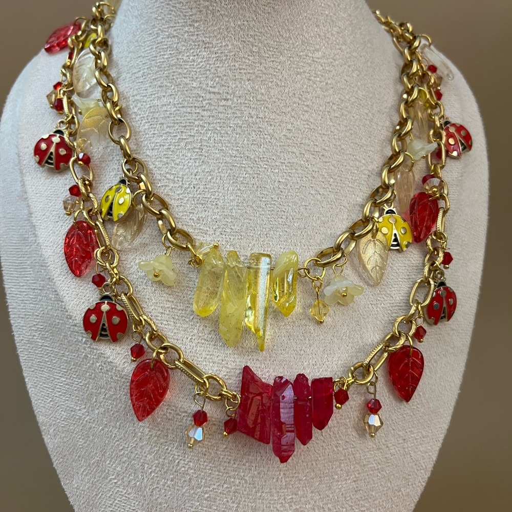 Cottagecore Ladybug Charm Statement Necklace - Crystal Fairycore Necklace